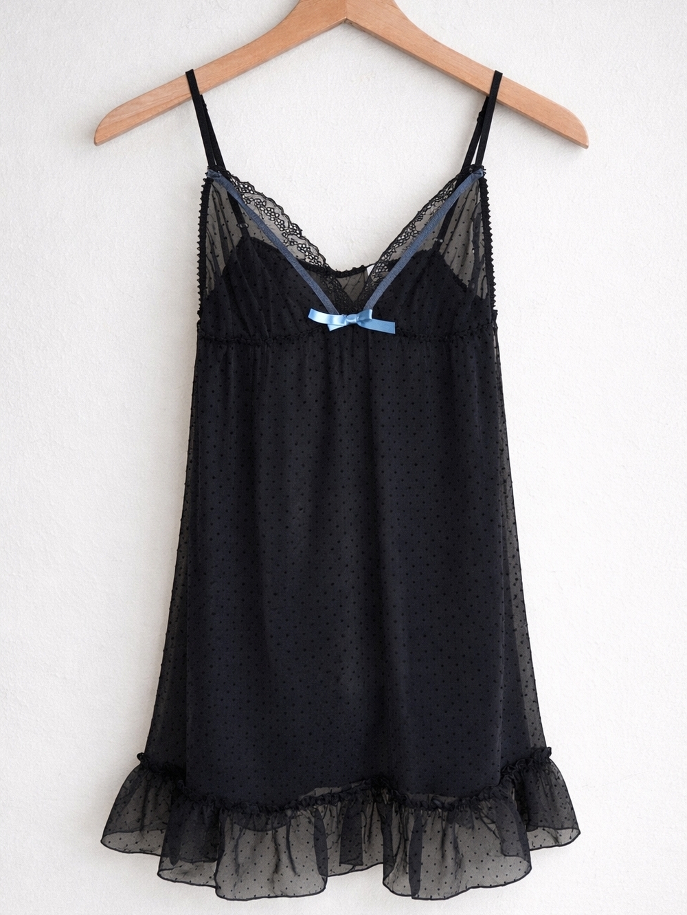 GapBody Black Sheer Polka Dot Lace Trim Babydoll Chemise Slip Top Medium Y2K Era